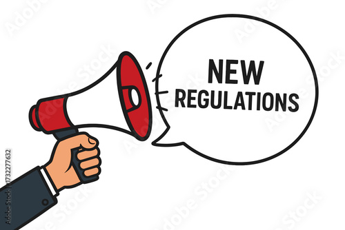 New regulations announcement. Hand holding megaphone with speech bubble. Loudspeaker for business marketing banner. Policy, law, and compliance update. Rules concept vector.