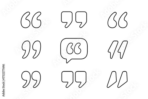 Quotes icon vector collection. Quotemarks outline, speech marks, inverted commas and talking marks. Line art symbols for citation, dialogue, testimonial and blog posts.
