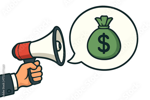 Hand holding megaphone with money bag speech bubble. Loudspeaker for financial announcement, cash prize, or lottery win. Concept for business marketing, advertising promotion, and giveaway.