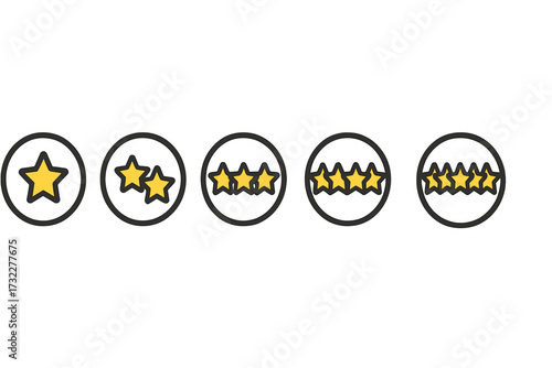 Five star rating icon set for customer product review. Feedback satisfaction level symbols. Quality rank signs from one to five stars. Vector illustration badges for web or app.