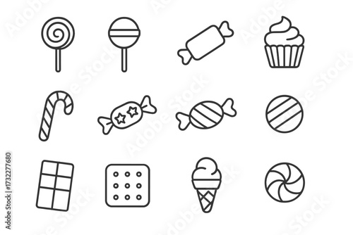 Sweets and candy line icon set. Confectionery and dessert collection. Vector symbols for lollipop, chocolate, cupcake, ice cream, candy cane. Editable stroke graphic elements.