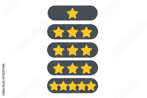 Five stars rating icon set for customer product review. Feedback and satisfaction level badges. Rank and quality evaluation element. Vector illustration for UI and web design.