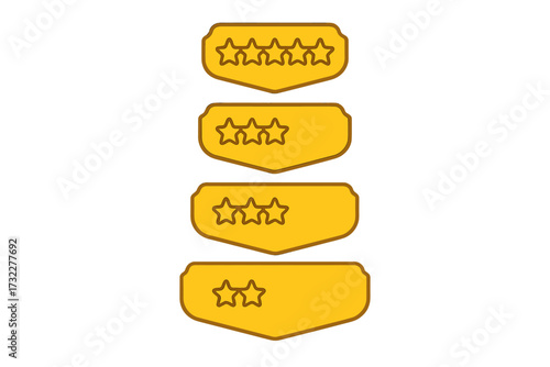 Vector set of golden rating stars badges for customer feedback and reviews. Product quality satisfaction level symbols. Five star rank icons for web and app interface design.