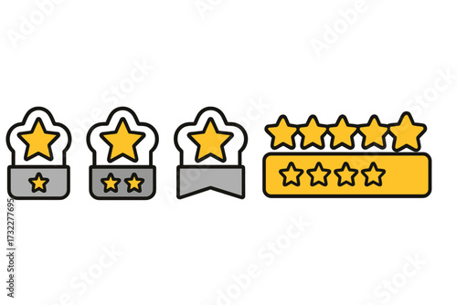 Rating stars badges icon set. Feedback and customer review concept. Five star satisfaction rank. Quality classification, evaluation. Product rating symbols. Vector illustration.