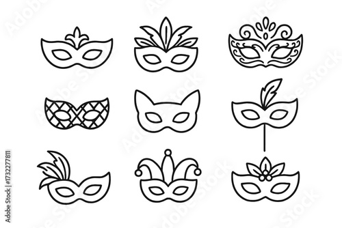 Carnival mask thin line icon set. Masquerade party vector symbol pack. Venetian festival, Mardi Gras celebration. Holiday costume face cover collection. Editable stroke design.