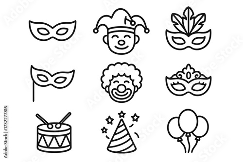 Carnival party icon set with thin line symbols. Vector collection of masquerade masks, clown, jester, drum, and balloons for celebration design. Editable stroke for web and apps.