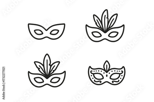 Carnival mask line icon set. Venetian masquerade symbols with feathers and decoration. Editable stroke vector for UI design, web, apps. Party, festival, Mardi Gras concept.
