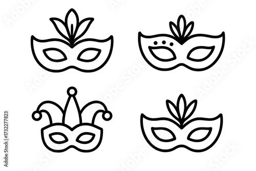 Carnival mask vector icon set for UI, web, apps. Line art of masquerade, party, festival, Mardi Gras costumes. Jester and feathered masks. Editable stroke symbols.