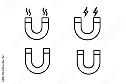 Magnet icon set with editable stroke. Outline web line icons collection. Minimalistic linear pictograms for design. Vector illustration of magnetism, heat, and electricity symbols.
