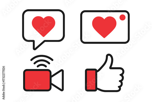 Social media engagement icon set. Like, heart, live stream video, and chat symbols. UI elements for apps and websites. Follower feedback, online notification icons vector.