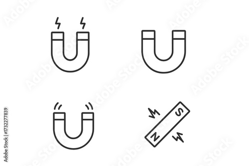 Magnet line icon set. Lead magnet and customer attraction concept. Horseshoe and bar magnet symbols. Science, physics, force, and magnetism pictograms. Editable stroke vector.
