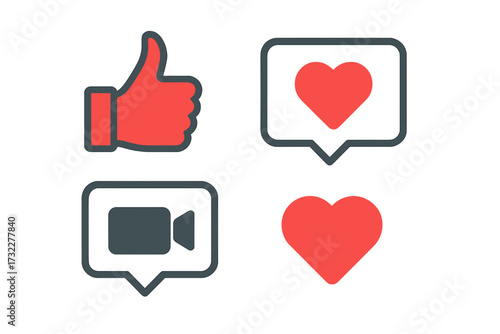 Social media engagement icon set with like, heart, and video camera symbols. Vector elements for live streaming, web chat, and notifications. Thumbs up and love reaction buttons.
