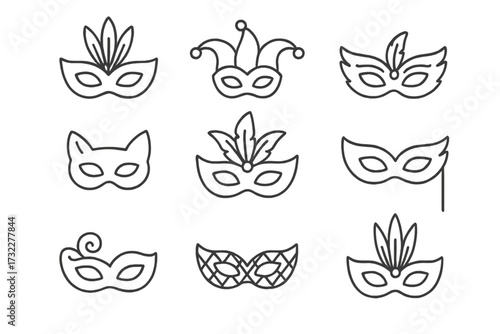 Carnival mask line icon set. Masquerade ball, festival party vector collection. Venetian, Mardi Gras costume elements. Jester, feather, cat face. Thin editable stroke.