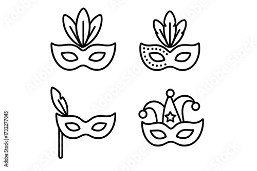 Carnival mask icon set. Masquerade, Mardi Gras, festival vector line icons. Venetian costume party symbol collection. Editable stroke for web, UI, apps, cards. Jester.