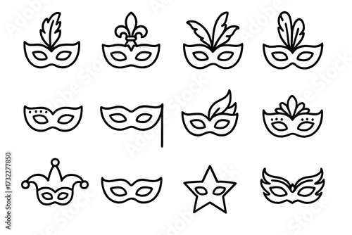 Carnival mask line icon set. Masquerade, Mardi Gras, and Venetian festival symbols. Vector collection of decorative party face masks with feathers. Editable stroke pictogram.
