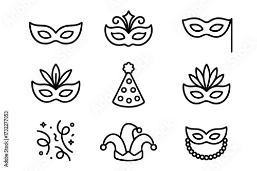 Carnival mask line icon set. Masquerade party, festival, and celebration symbols. Vector collection for web, apps. Editable stroke. Jester hat and confetti icons.