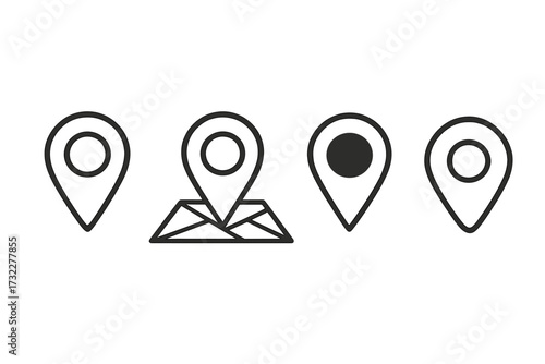 Map pin icons set. Location marker collection for GPS navigation. Pointer and symbol for destination, address and place. Vector travel and route finding graphic elements.
