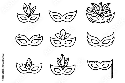 Carnival mask line icon set. Masquerade party collection. Vector for Mardi Gras festival. Venetian costume mystery. Disguise, celebration, theatre. Editable stroke symbols.