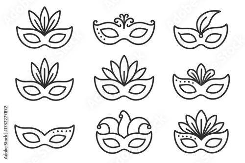 Carnival mask thin line icon set. Masquerade ball party vector collection. Venetian festival, Mardi Gras celebration symbols. Holiday disguise costume outline illustration.