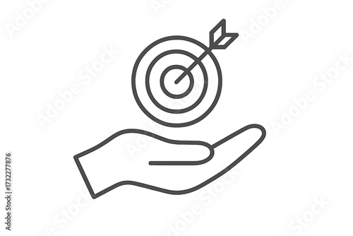 Hand holding target with an arrow, concept of achieving a business goal. Symbol of success, strategy, marketing objective, and focus. Minimal thin line vector icon illustration.