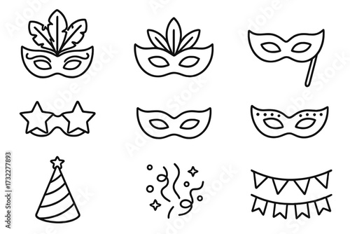 Carnival party line icon set. Masquerade masks, confetti, party hat and glasses. Festival celebration thin line vector icons collection with editable stroke for web or print.