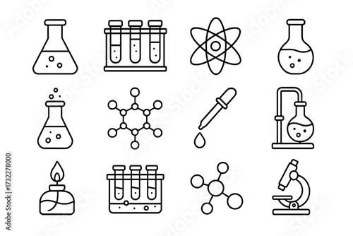 Chemistry thin line icon set. Science and education laboratory equipment symbols. Vector outline illustration of flask, atom, molecule, microscope, and test tube for research.