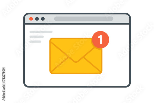 New email notification in a web browser window. Unread message icon with a number one alert. Concept of electronic mail, inbox message, e-mail marketing, and newsletter.