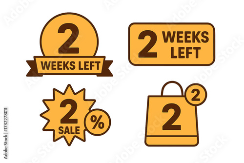 Number 2 weeks left sale countdown timer badges. Collection of promotional advertising stickers for landing page banner. Limited time offer shopping vector illustration set.