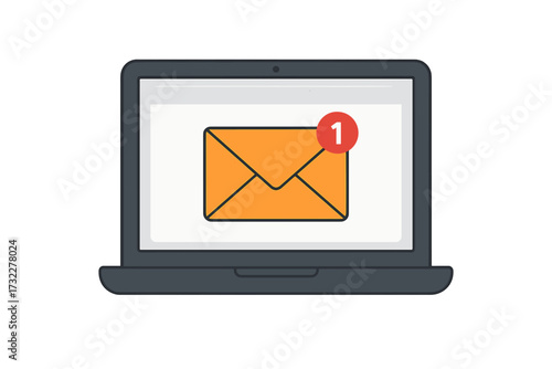 New email notification on laptop screen. Unread message in inbox with alert icon. E-mail marketing newsletter delivery concept. Digital communication and correspondence.