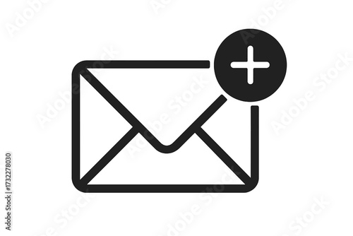 New message icon with plus sign for composing a new email. Mail, letter and envelope symbol. Vector illustration for web, app, UI, UX. Simple flat line art pictogram isolated.