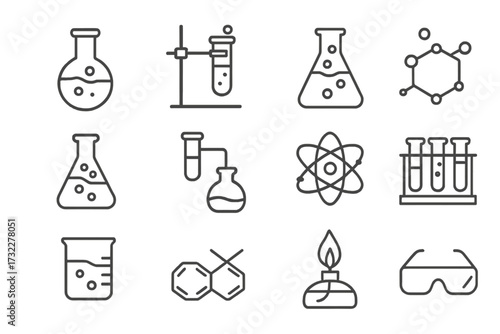 Chemistry line icon set. Science laboratory outline pictograms. Vector symbols for experiment, research, education. Lab equipment, flask, test tube, atom, molecule. Editable stroke.