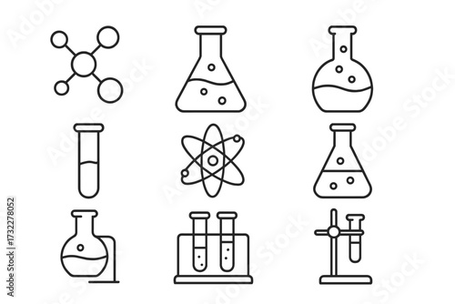 Chemistry line icon set. Science education outline symbols. Lab equipment for chemical experiment. Atom, molecule, test tube, flask, beaker, research vector linear pictograms.