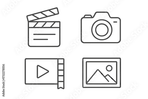 Movie and photo line icon set. Clapperboard, camera, video player, and picture gallery symbols. Minimalist pictogram collection with editable stroke for web and app design. Vector.