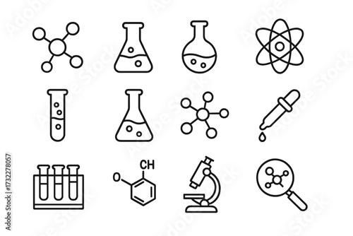 Science and chemistry line icon collection. Modern vector symbols for laboratory, research, and education. Includes molecule, atom, flask, test tube, microscope, and pipette.