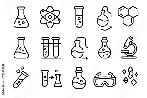 Chemistry line icon set. Science and education symbols collection. Laboratory research, experiment equipment. Vector outline icons of flask, test tube, atom, molecule, microscope.