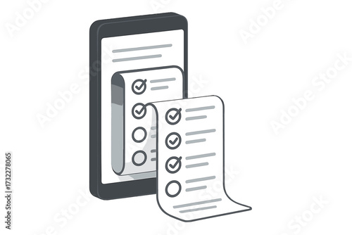 Online form survey on a smartphone with a long paper quiz or exam sheet. Concept for digital questionnaire, internet test, checklist results, customer feedback, and mobile app.