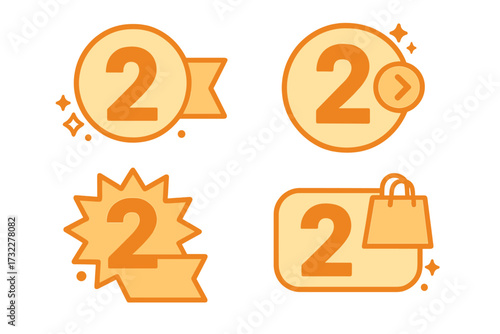 Number 2 sale countdown badges. Two days or weeks left to go collection. Vector promo sticker for landing page or banner. E-commerce shopping bag timer icon set illustration.