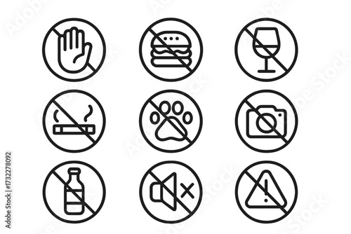 Prohibition signs icon set. Forbidden and warning symbols. No smoking, food, alcohol, pets, photography, sound. Not allowed restriction rules vector line icons for web and apps.