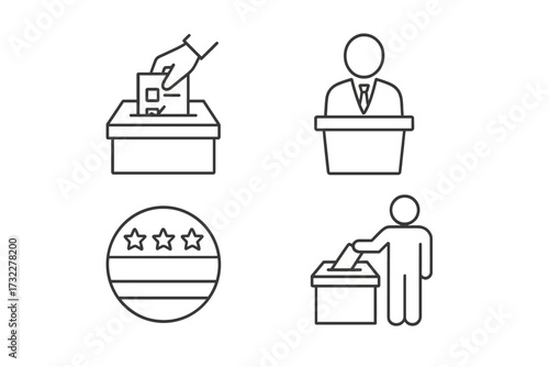 Election day and political process thin line icon set. Voting, ballot box, candidate debate, and patriotic symbols. Vector icons for democracy, government, web and apps.