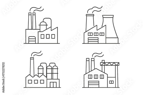 Factory icons collection. Industrial building thin line art set. Vector illustration of a manufacturing plant, power station. For production, energy, pollution, economy concepts.