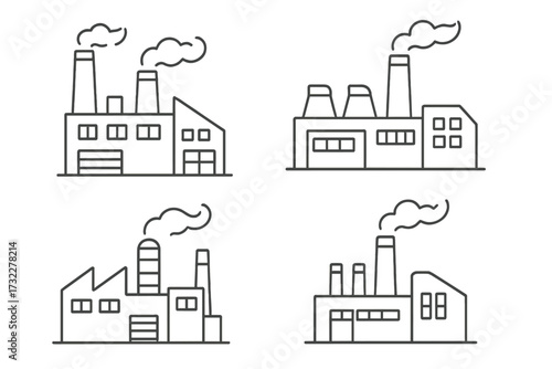 Factory icon set in thin line style. Industrial building vector illustration. Manufacturing plant with chimney, smokestack and smoke. Concept for energy, production, pollution.