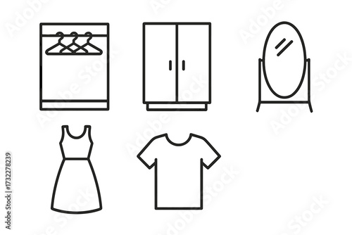 Furniture and clothing line icon set. Minimalist vector symbols of closet, wardrobe, mirror, dress, and t-shirt. Simple outline pictogram collection for fashion apps or web.