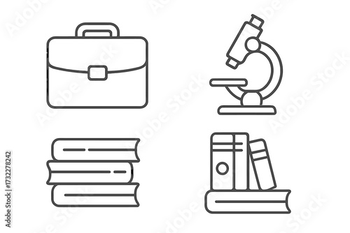 Set of business, science, and education line icons. Vector collection includes briefcase, microscope, books symbols. Thin outline pictograms for web, app, ui, ux, and infographics.