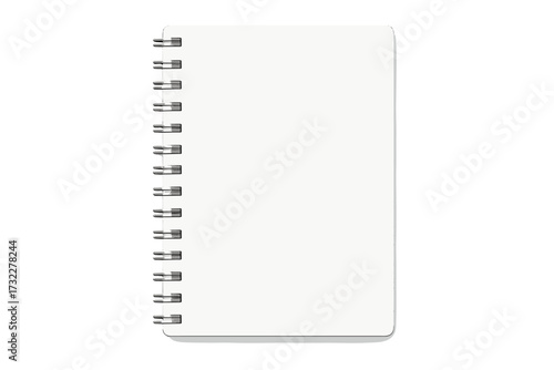 Realistic notebook mockup. Blank copybook with metallic silver spiral. Vector template with empty white paper for design, school, or office. Clean diary or sketchbook mock-up.
