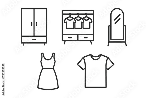 Furniture and clothing line icon set with closet, wardrobe, mirror, dress, and t-shirt. Minimalistic vector pictogram collection with editable stroke. For fashion or home design.