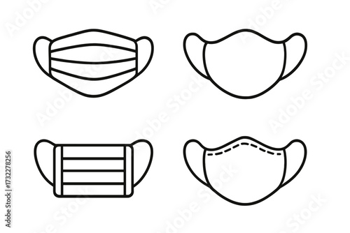 Medical face mask line icon set. Surgical and cloth masks for virus protection. Vector outline symbols for health safety, flu, covid, pandemic prevention infographic design.