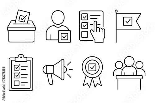 Vote and election thin line icon set. Symbols for politics, democracy, and civic engagement. Includes ballot box, voter, online polling, campaign, and debate concepts. Vector.