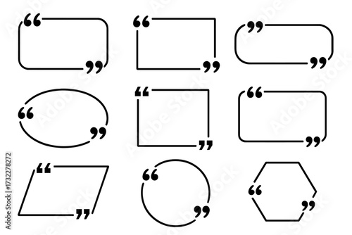 Big set of quote box frames. Quote box icon collection. Texting quote boxes for messages. Blank template for text, info and design. Quotation bubble for blog quotes symbol.