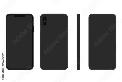 Realistic black smartphone vector mockup. Set of mobile phone with front, back, and side view. Modern electronic device template with blank empty screen for ui design.