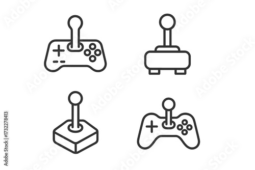 Joystick and gamepad line icon set. Video game controller collection. Retro arcade and modern console gaming symbols. Minimalist outline vector pictogram with editable stroke.